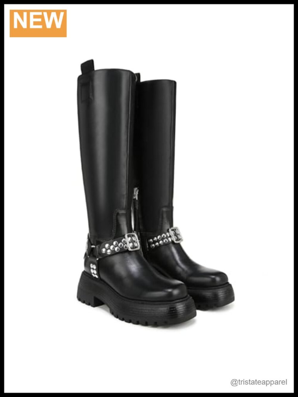 Studded Knee-High Moto Boots Leather Square Toe Zipper Block Heel Women's